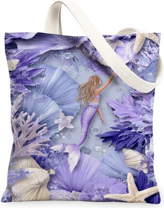 Generic Mermaid Canvas Tote Bags, Ocean Floral Pattern Reusable Grocery Bags, Summer Vintage Lightweight Washable Shoulder Strap Ca, Violet, 13x15 Inch