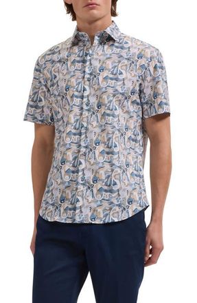 Bugatchi Orson Shaped Fit Abstract Paisley Short Sleeve Stretch Cotton Button-Up Shirt in Cobalt at Nordstrom, Size Xx-Large