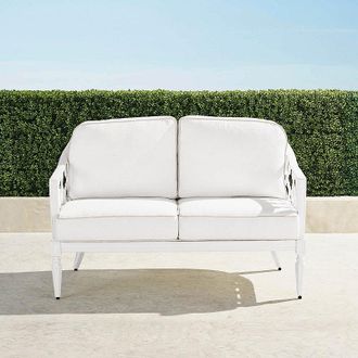 Frontgate Avery Loveseat with Cushions in White Aluminum - Standard, Sailcloth Cobalt with Natural Piping - Frontgate