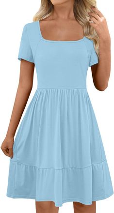 Generic Summer Dresses for Women UK Sale Clearance Short Sleeve Square Neck A Line Dress Casual Loose Elegant Beach Party Holiday Sundress Boho Swing Dress Lo