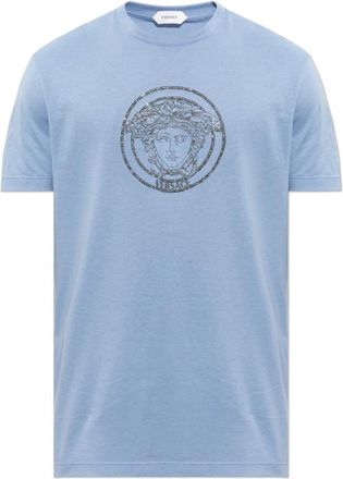 Versace Slim T-shirt van katoenen jersey met geborduurd logo - Heren - T-shirts - Blauw - L - Katoen - Tops