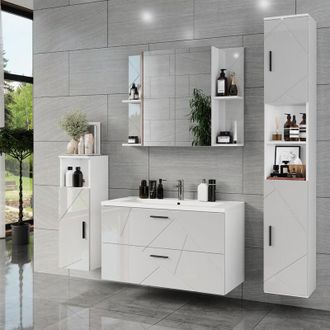 Vicco Conjunto De Muebles De Ba&ntilde;o Irma, Blanco/blanco Alto Brillo, 5 Partes, Vicco