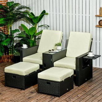 OUTSUNNY Recliner Rattan Sun Lounger w/ Storage Tea Table & Footstools in Black