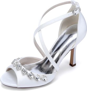 Generic Womens High Heel Sandals Open Toe Bridal Satin Crystal Stiletto Wedding Shoes Formal Prom Party Dress Shoes 9.5Cm,White,10 UK