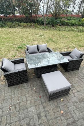 Fimous Rattan Outdoor Furniture Adjustable Rising Lifting Rectangle Dining Table Chairs 5 Seater in Dark Grey