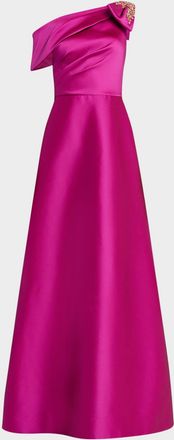 Teri Jon Draped One-Shoulder Bow Gown