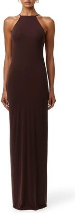 Naked Wardrobe Floral Chiffon Tassel Halter Neck Maxi Dress in Dark Chocolate at Nordstrom, Size X-Large