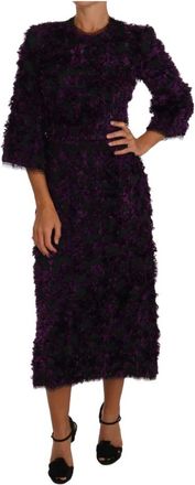 Dolce & Gabbana Fringe Midi Sheath Jurk - Dames - Casual kleedjes - Paars - S - Katoen - Kleedjes