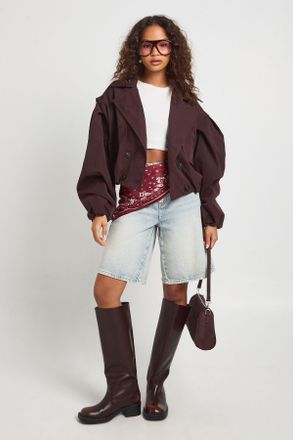 Boohoo Womens Cropped Puff Sleeve Boxy Trench Jacket - Chocolate - Size Medium/Large