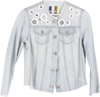Msgm Denim Jacket Floral-Embellished Jacket in Blue Cotton Denim