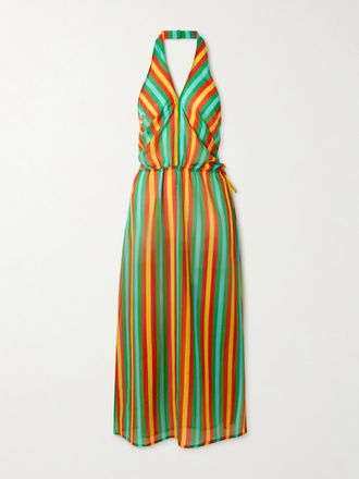 Lido Abito Midi Con Scollo Allamericana In Misto Seta E Cotone A Righe - Verde