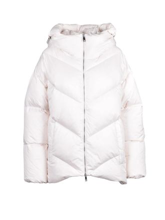 Add Asymmetric White Down Jacket with High Collar and Chevron Stitching