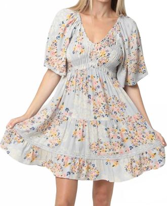 Angie Smocked Bodice V Neck Lace Trim Short Sleeve Dress In Blue Multi