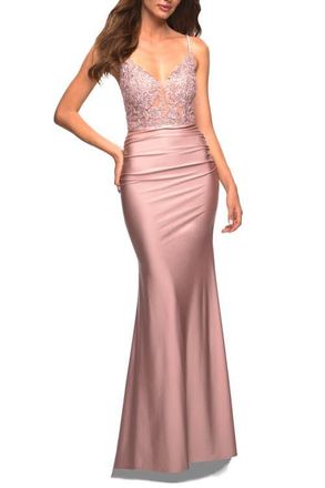 La Femme Prom Dress with Beautiful Lace Bodice and Jersey Skirt in Mauve at Nordstrom, Size 12