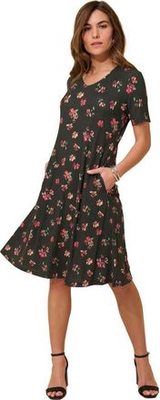 Roaman's Plus Size Stretch Knit Pocket Swing Dress in Black Brushed Flowers at Nordstrom, Size 20