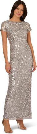 Adrianna Papell Womens Beaded Mesh Long Dress - Grey - Size 8 UK