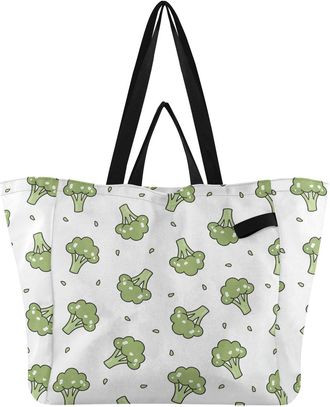 Generic Broccoli Vegetable White pattern Reusable Canvas Tote Bag, Heavy Duty Grocery Shopping Bag with Double Handles Large Capacity Hard Bottom Work Groceri