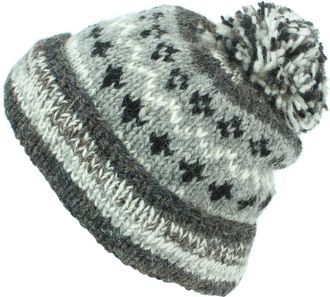 Loud Elephant Chunky Wool Knit Abstract Pattern Beanie Bobble Hat - Grey