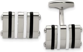 Diamond2Deal Stainless Steel Polished Black and White Rubber Bands Rectangle Cufflinks