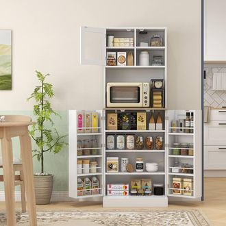 HOMCOM 169cm Tall Kitchen Pantry Storage Cabinet with Microwave Shelf in White