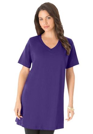 Roaman's Plus Size Ultimate Cotton V-Neck Short Sleeve Tunic in Midnight Violet at Nordstrom, Size Large