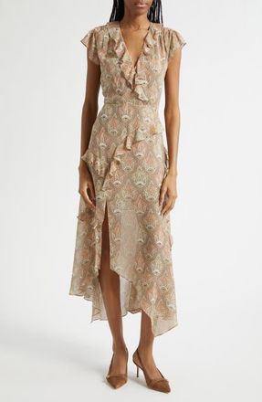 Veronica Beard Avenel Paisley Asymmetric Hem Silk Dress in Stone Khaki Multi at Nordstrom, Size 12