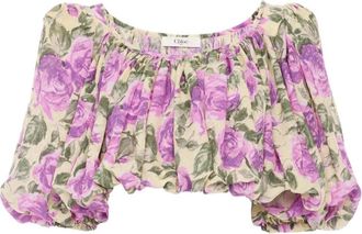 Chlo&eacute; Puff-mouw Cropped Top in Zijde Jacquard - Dames - Blouses - Veelkleurig - 2XS - Overhemden