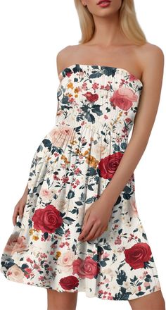 Generic Womens Bandeau Sheering Short Dress Womens Dresses UK Plus Size Strapless Sundress Floral Print Bandeau Sheering Sleeveless Mini Dress Boob Tube Pleat