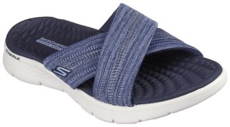 Skechers Pantolette SKECHERS GO WALK FLEX SANDAL-BUTTERFLY BLISS, Damen, Gr. 35, blau (navy), Textil, bestickt, unifarben, Schuhe Pantolette, Keilabsatz, Somme