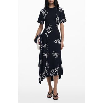 Desigual Short Sleeve Asymmetric Hem Maxi Dress in Black at Nordstrom, Size X-Small