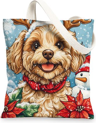 Generic Winter Christmas Cavachon Dog Canvas Tote Bag for Shopping 13x15, Snowman Xmas Puppy Pet Reusable Grocery Print Bag for Women, Holiday Beach Aesthetic