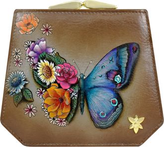 Anuschka Womens Hand-Painted Genuine Leather Two-Fold French Wallet - Butterfly Blooms Bronze