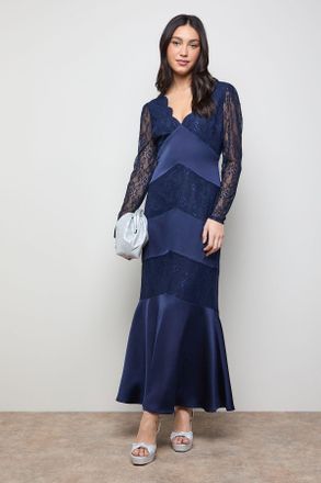 Oasis Womens Satin Lace Mix V Neck Maxi Dress - Navy - Size 16 UK