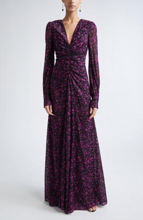 St. John Long Sleeve Satin Leopard Jacquard Gown in Black Hot Pink Multi at Nordstrom, Size 14