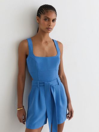 Reiss Blue Structured Cut-out Belted Playsuit, 12