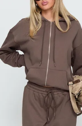Princess Polly All Day Cotton Zip Hoodie in Mocha at Nordstrom, Size 10