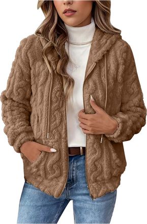 Generic Womens Teddy Fleece Jacket Fall Winter Coat Soft Sherpa Fuzzy Jacket Full Zip Hoodie Teddy Bear Coats with Hood Ladies Furry Long Sleeve Outerwear Top