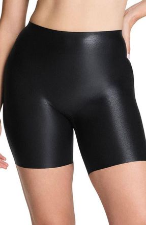 Spanx SPANXshape LuxeShine Mid-Thigh Short in Very Black Gunmetal Foil at Nordstrom, Size Medium