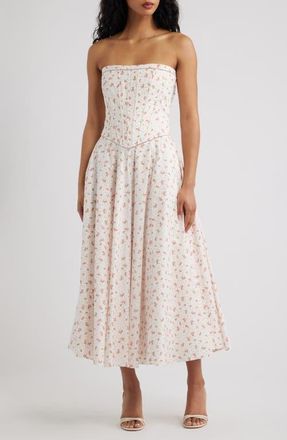 House of CB Gina Floral Strapless Corset Stretch Cotton Maxi Dress in White Rose at Nordstrom, Size X-Large