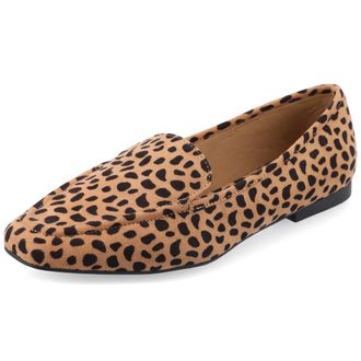 Journee Collection Journee Womens Suede Loafer Flat Square Toe Noticed Topline Padded Block Heel - Tullie Casual Dress Shoe, Animal, 5.5 UK Wide