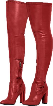 Generic Red,6.5 UK,Womens Leather PU Thigh High Boots Pointed Toe Chunky Block Heels Tall Boot Side Zipper Over The Knee Boot Fall Winter Dress Shoes