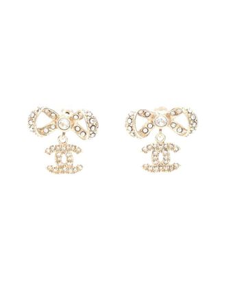 Chanel Gold-Plated Coco Mark Ribbon Earrings Gold Rhinestone (Authentic Pre- Loved)