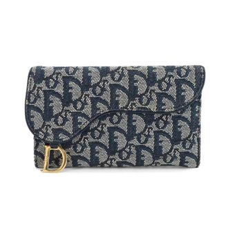 Dior Gold Navy Canvas Leather Long Wallet (Tri-Fold) (Pre-Owned)