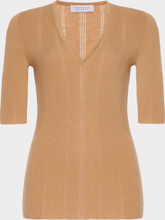 Gabriela Hearst Amari V-Neck Pointelle Rib Short-Sleeve Top