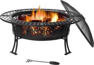 Sunnydaze 40In Fire Pit Black Steel Four Star Design With Spark Screen And Poker