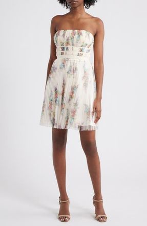 Lulus Calais Pleated Strapless Cocktail Minidress in Ivory Floral at Nordstrom, Size X-Small