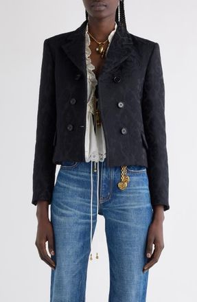 Chlo&eacute; Double Breasted Floral Jacquard Wool Blend Crop Jacket in Black at Nordstrom, Size 10 Us