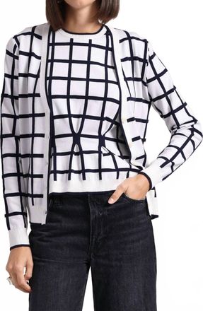 Minnie Rose Windowpane V-Neck Cardigan In White/navy