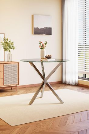 Living and Home Modern Clear Tempered Glass Dining Table Coffee Table with Chrome Three-Way Crossed Legs