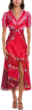 Saloni Saloni Stamped Satin Silk Midi Dress